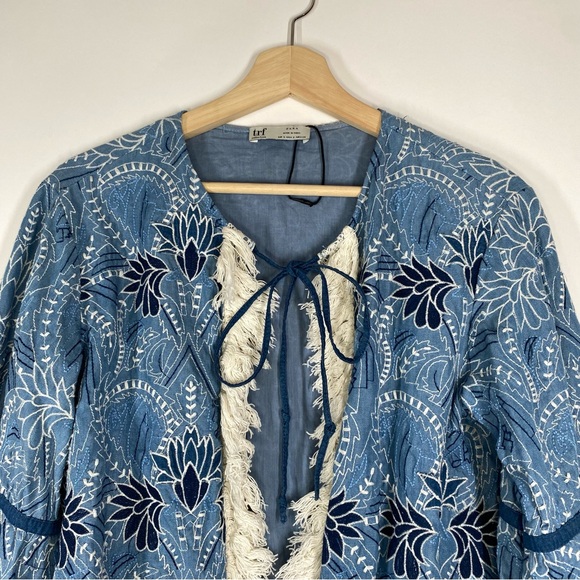 Zara Blue Embroidered Open Front Fringe Jacket Size S Whimsical Artsy Festival - Picture 4 of 16